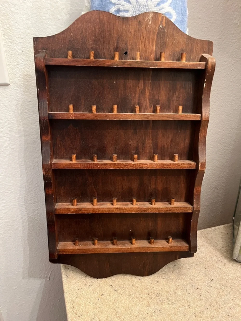 Vintage Wooden Wall Thimble Rack Shelf Organizer in Dark Brown